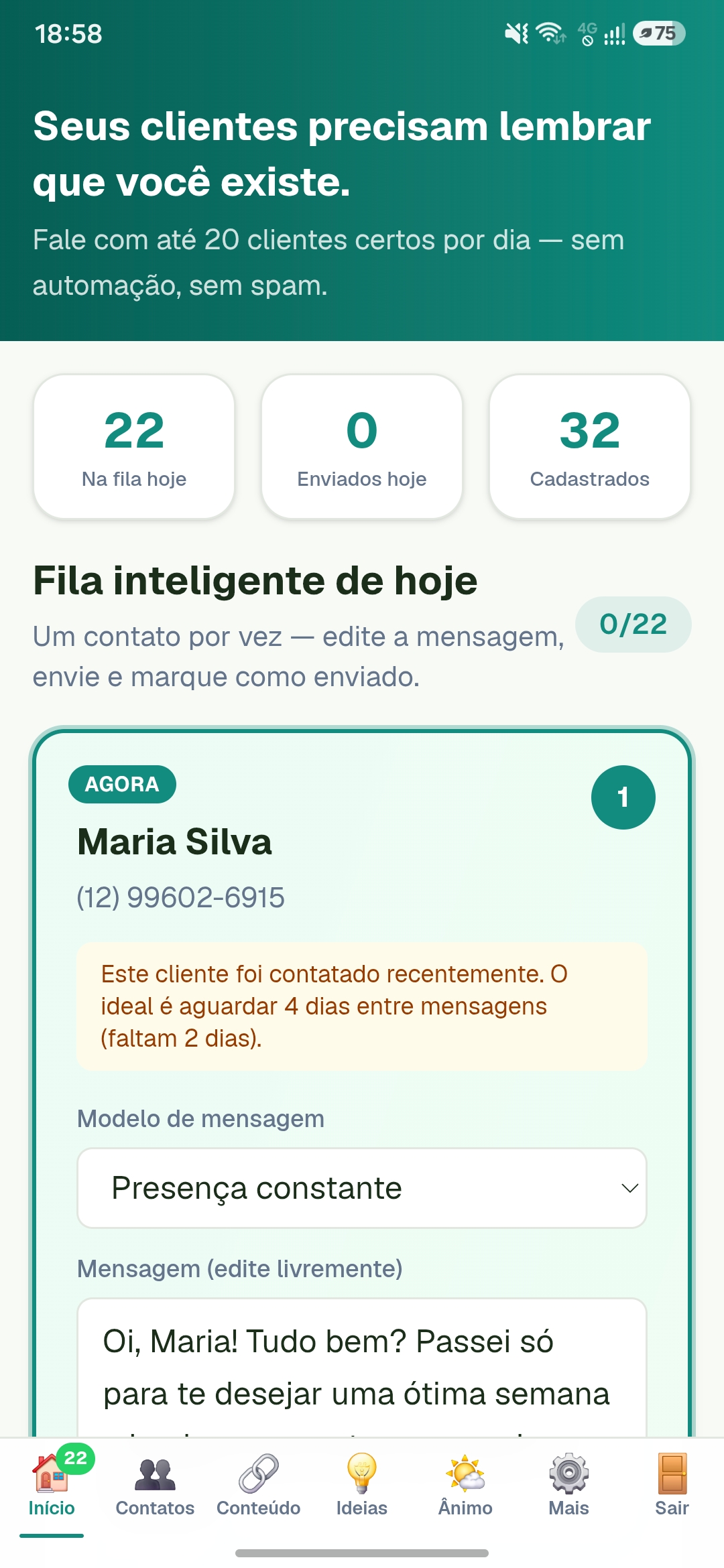 Tela do AmigoZap mostrando a fila inteligente de contatos
