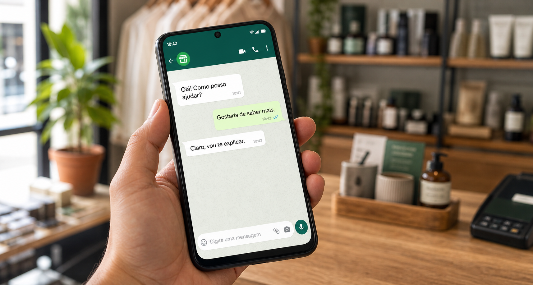 Celular exibindo uma conversa de atendimento pelo WhatsApp