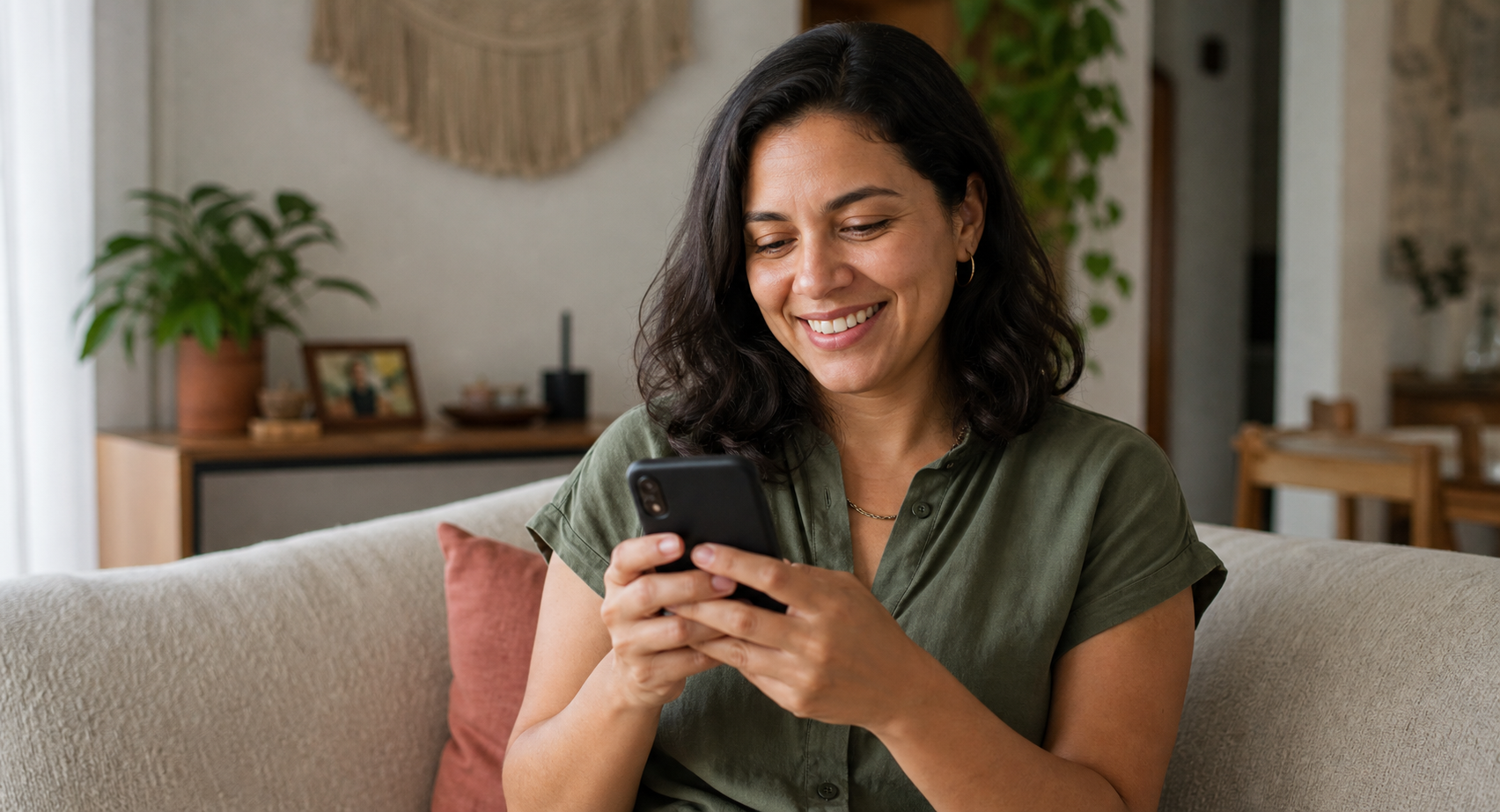 Cliente sorrindo ao receber uma mensagem em seu celular