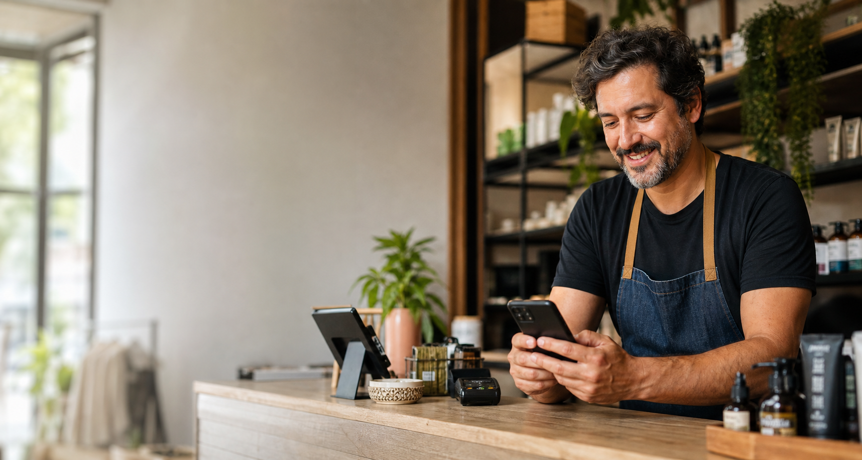 Empreendedor usando o celular no balcão de seu negócio