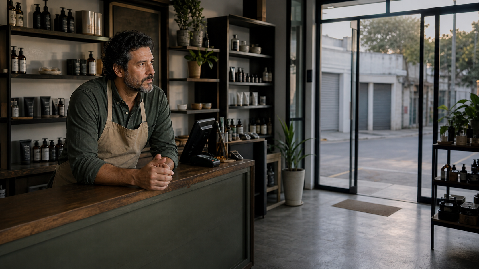Lojista preocupado esperando clientes em um comércio vazio